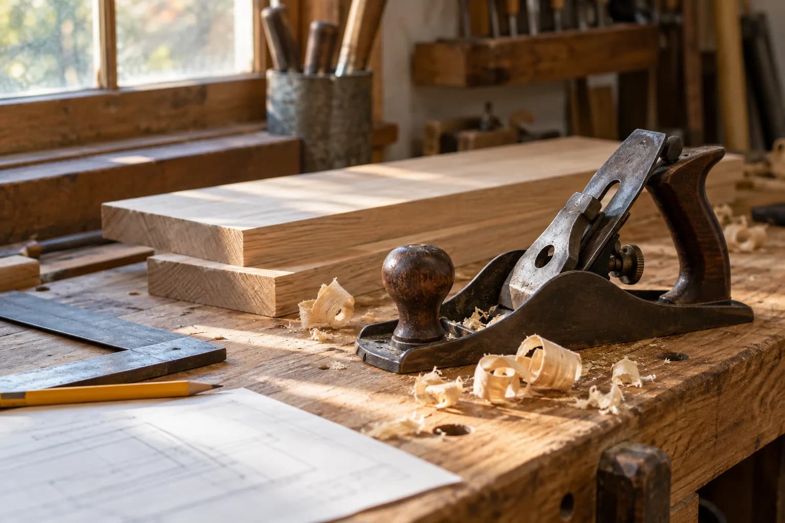 A hand plane, timber and wood shavings on a sunlit workbench